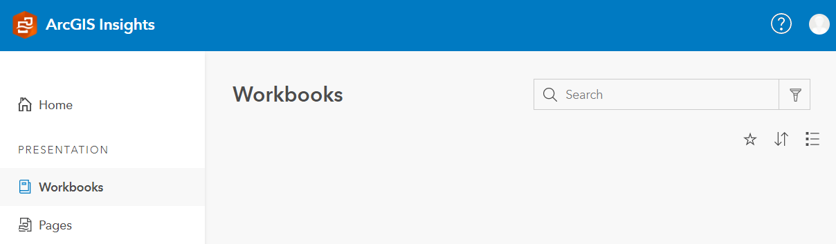 The ArcGIS Insights page showing no option to create a new workbook