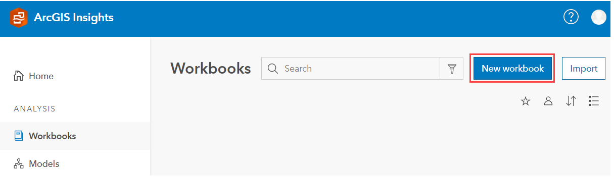 The ArcGIS Insights page with the new workbook option
