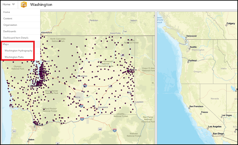 The Washington dashboard contains the Washington Hydrography and Washington Parks web maps.