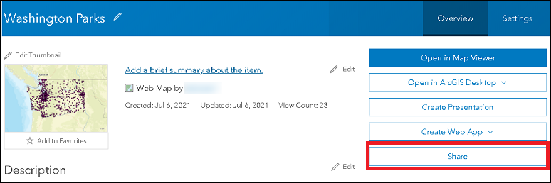 The item details page of the web map to share the web map.