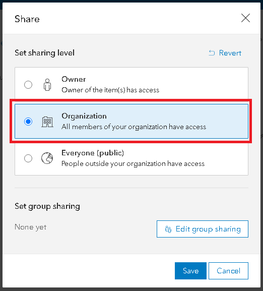 The Share window with the sharing level set to Organization.