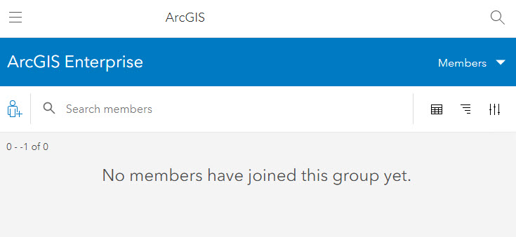 The Portal for ArcGIS Member tab does not display any existing users, and the Search function returns no results.