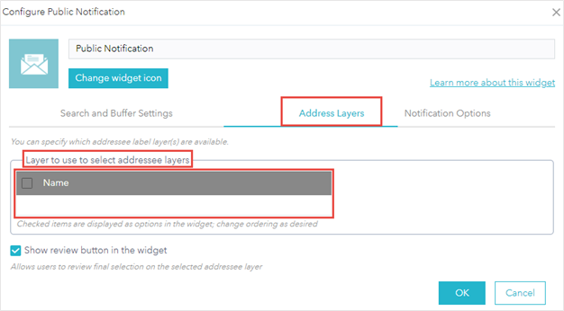 There are three tabs in the Configure Public Notification window which are Search and Buffer Settings, Address Layers, and Notification Options. In the Address Layers tab, there is no layer listed in the 'Layer to use to select addressee layers' section.