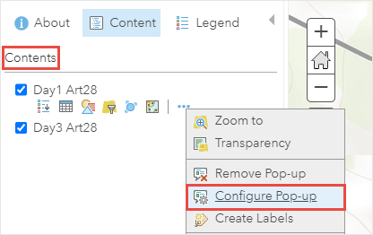 When clicking the More Option button in the Contents pane, there few selection option for the hosted feature layer, such as Zoom to, Transparency, and Configure Pop-up.