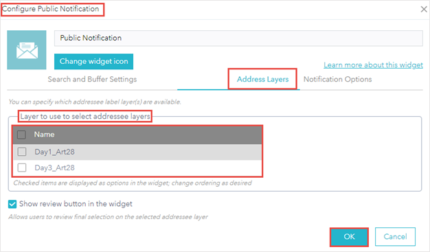 In the Address Layers tab, there are layers listed in the 'Layer to use to select addressee layers' section in the Configure Public Notification window. The layers name are Day1 and Day 3 layers.