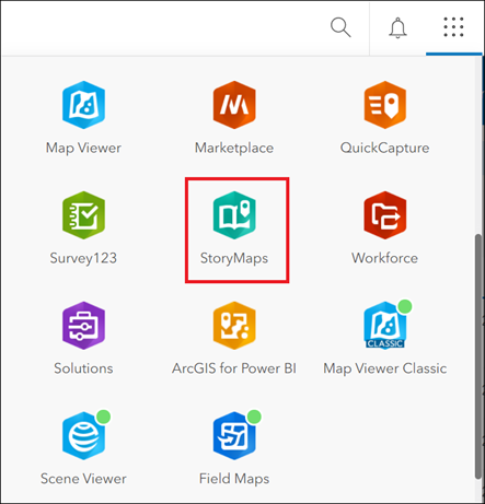 The ArcGIS StoryMaps icon is available in the ArcGIS Online app launcher to members with the privilege to create content.