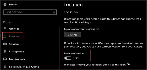 The Windows Settings pane showing the Location Service button to toggle on