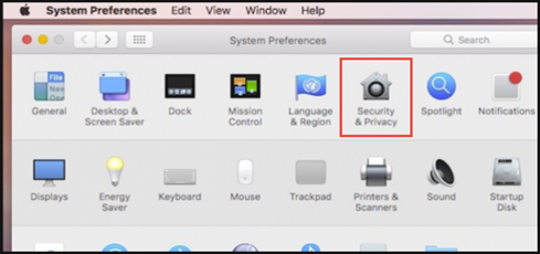 The System Preference pane with the Select Security & Privacy option