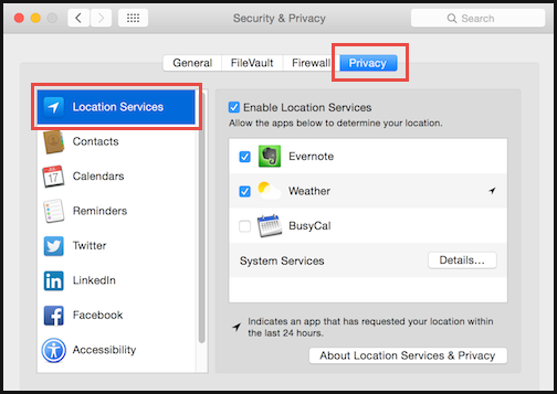 The Privacy tab to select Location Service