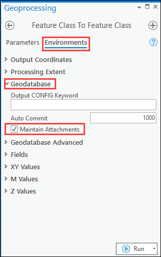 Check the Maintain Attachments environment setting in the Feature Class To Feature Class tool to copy exisiting attachments to the output. The setting is located in the Geodatabase section on the Environments tab.
