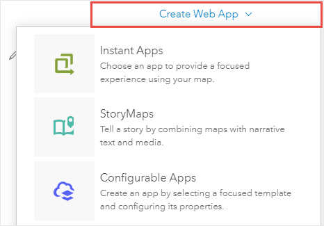 When clicking Create Web App on the item details page of a web map, the only selections are Instant Apps, StoryMaps, and Configurable Apps. ArcGIS Web AppBuilder and ArcGIS Dashboards are not available.