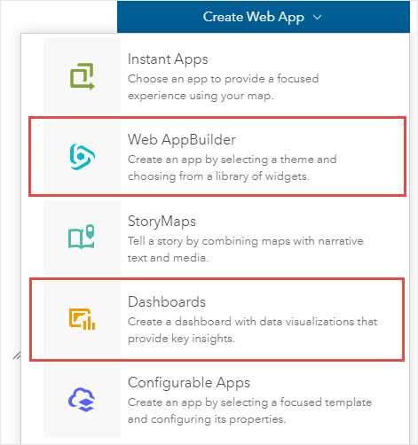 When clicking Create Web App on the item details page of a web map, there are ArcGIS Web AppBuilder and ArcGIS Dashboards as options to create a web app.