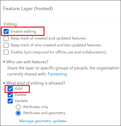The Enable editing. and Add check boxes must be checked for group members to append data to the hosted feature layer shared in the group using the Append tool in ArcGIS Pro.