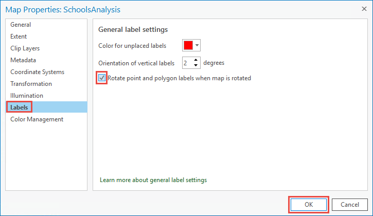 The ArcGIS Pro Map Properties dialog box with Rotate point and polygon checked