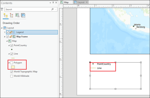 The Polygon layer is unchecked in the Contents pane, and the legend does not display the Polygon layer.