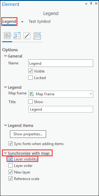 Enable layer visibility in the Element pane by expanding the 'Synchronize with map' section, and check 'Layer visibility'.