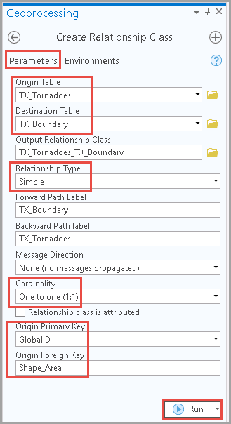 Selecting the desired options for all of the sections in Parameters to create a relationship class.