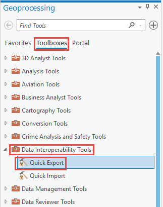 Selecting the Quick Export tool from the Data Interoperability Tools toolbox in the Geoprocessing pane