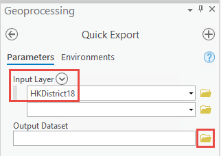 The Quick Export tool pane with the joined feature layer selected as the Input Layer and the folder icon to open the Specify Data Destination dialog box
