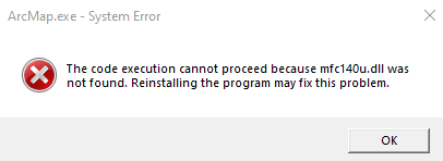 The error message returned when attempting to open ArcMap