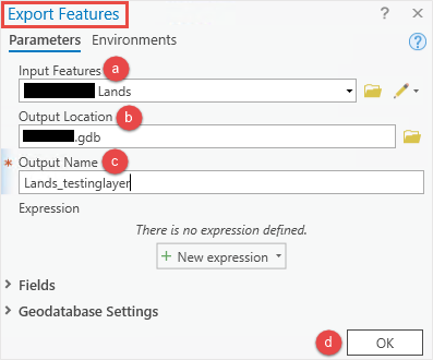 On the Parameters tab, in the Export Features window, configure Input Features, Output Location, and Output Name. In the example, the Output Name is Lands_testinglayer. Click OK at the bottom of the Export Features window.