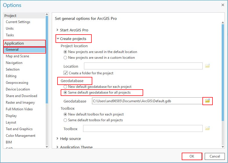 The Set general options for ArcGIS Pro displaying the Geodatabase settings.