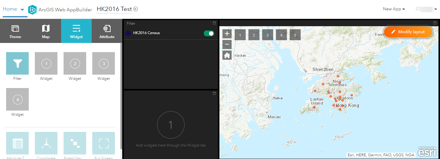 The Filter widget referencing the hosted feature layer created from the CSV data file.