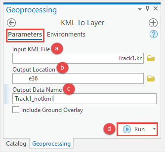 The Parameters tab with the configure Input KML File, Output Location, and Output Data Name options.