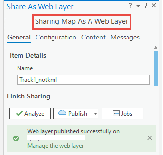 The Share As Web Layer pane with the 'Web layer published successfully' notification displayed.
