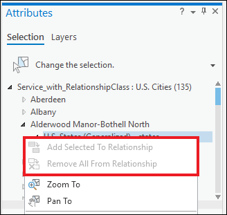 The Add Selected To Relationship and Remove All From Relationship options are disabled when editing feature relationships in ArcGIS Pro.