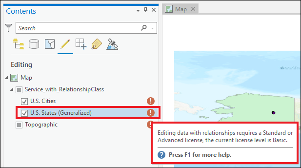 An error message is returned for the layer with a relationship class in the Contents pane.