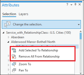 The Add Selected To Relationship and Remove All From Relationship options are available in ArcGIS Pro when accessed with the ArcGIS Pro Standard or Advanced license.