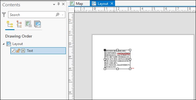 The layout in ArcGIS Pro displaying the pasted features that become text.