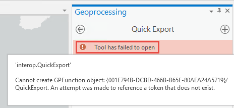 The Quick Export tool pane with the error message