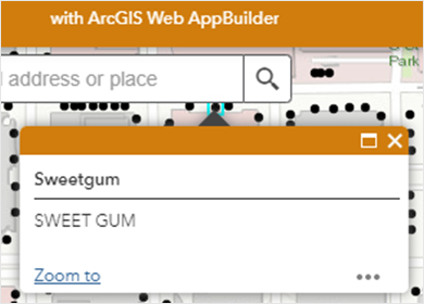 Pop-up of the same point, with only the pop-up name, Sweetgum displayed in the ArcGIS Web AppBuilder web app.