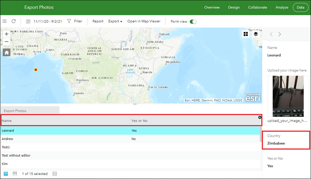 Fields displayed on the side panel but not in the survey table on the ArcGIS Survey123 website.