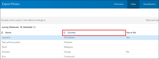 The field not displayed in the survey table on the ArcGIS Survey123 website but displayed on the survey's hosted feature layer Data tab in ArcGIS Online.