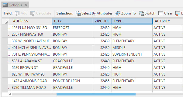 The attribute table containing the City, ZIP Code, and Type fields of the Schools layer.