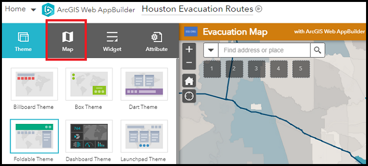 The different tabs, including the Map tab, are displayed in ArcGIS Web AppBuilder.