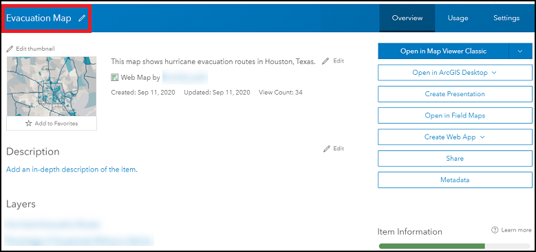 After clicking More details... or Show item details, the item details page of the web map used in the application is displayed.