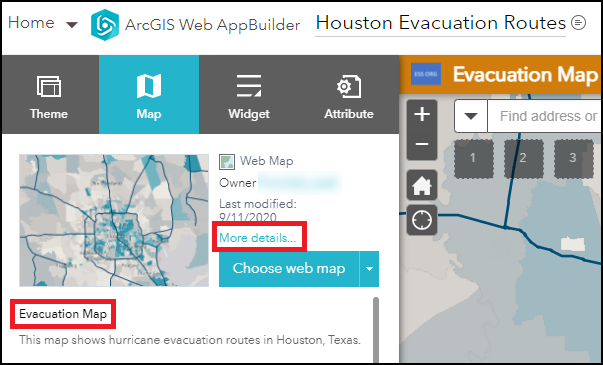 Under the Map tab, the web map used in the application is listed and clicking the the More details... option opens the web map's item details page.