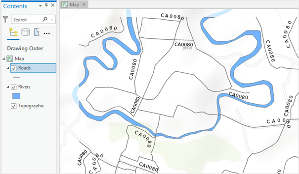 The labels for the Roads layer in ArcGIS Pro display an offset between the label and the line features, and the label follow the curves of the line.