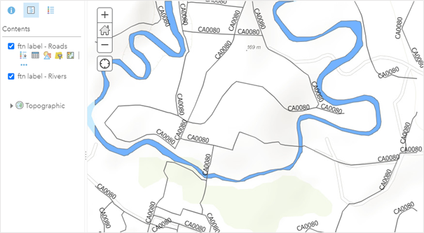 In ArcGIS Online Map Viewer Classic, the labels for the Roads layer are overlapping with the line features, which shows no offset between those two and the labels do not follow the lines curve.