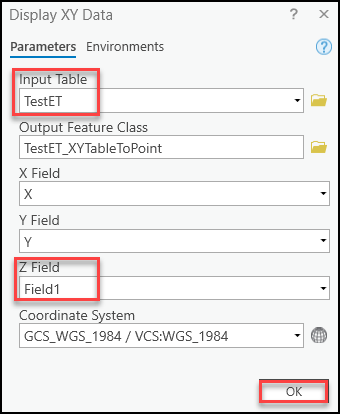 Select the desired table and field in the Display XY Data window.