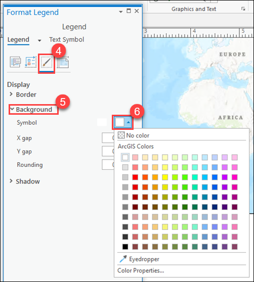 Change the color of the legend background by navigating to the Display tab (Step 4), expand the Background section (Step 5), and for Symbol, click the down arrow and select a color from the color palette (Step 6).