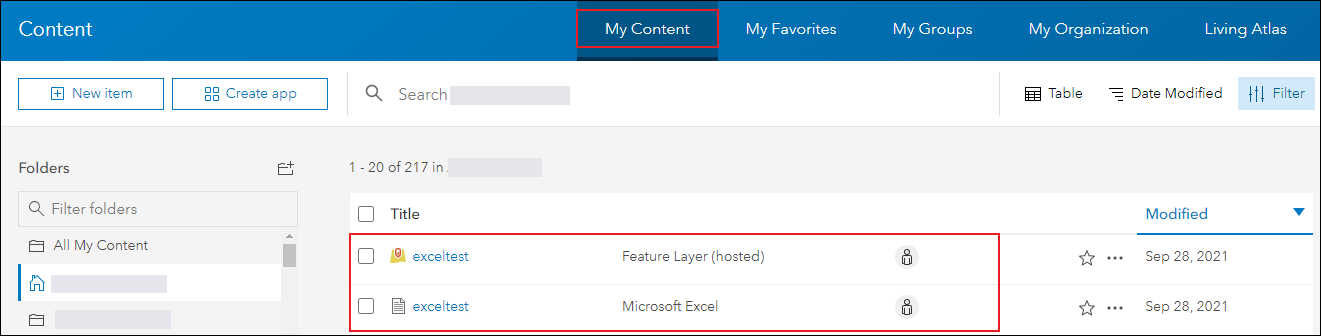 The My Content page displaying the uploaded Excel file and its hosted feature layer.