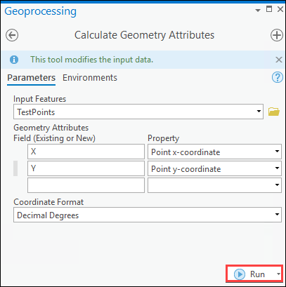 Click the Run button at the bottom of the Calculate Geometry Attributes pane to perform the calculation.