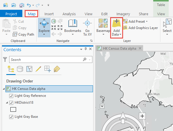 Click Add Data in the Layer group from the Map tab in the ArcGIS Pro ribbon