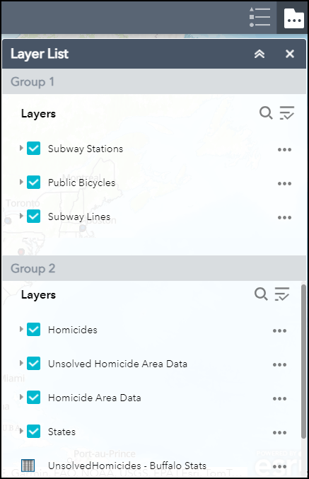 The image of the group layers being displayed in different Layer List widgets accordingly in ArcGIS Web AppBuilder.