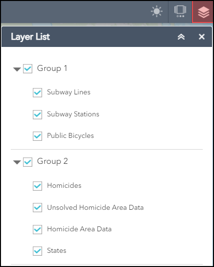 The image of the group layers being displayed in ArcGIS Web AppBuilder.